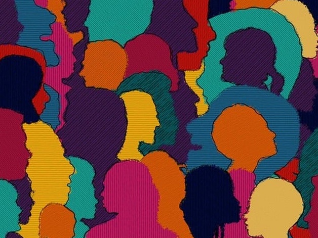 Graphic design of multi-coloured silhouettes of people